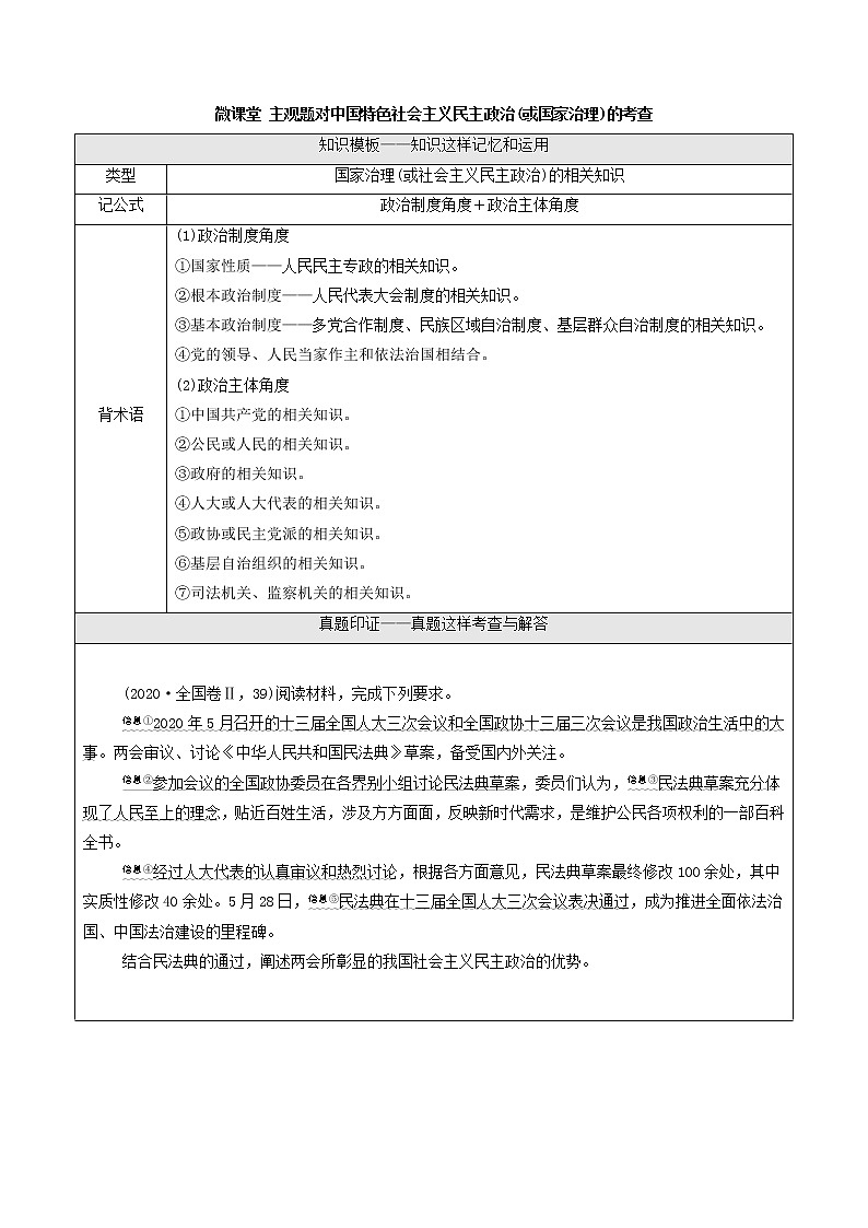 2022届高考政治一轮复习新人教版必修2 第7单元发展社会主义民主政治微课堂主观题对中国特色社会主义民主政治或国家治理的考查教案第1页
