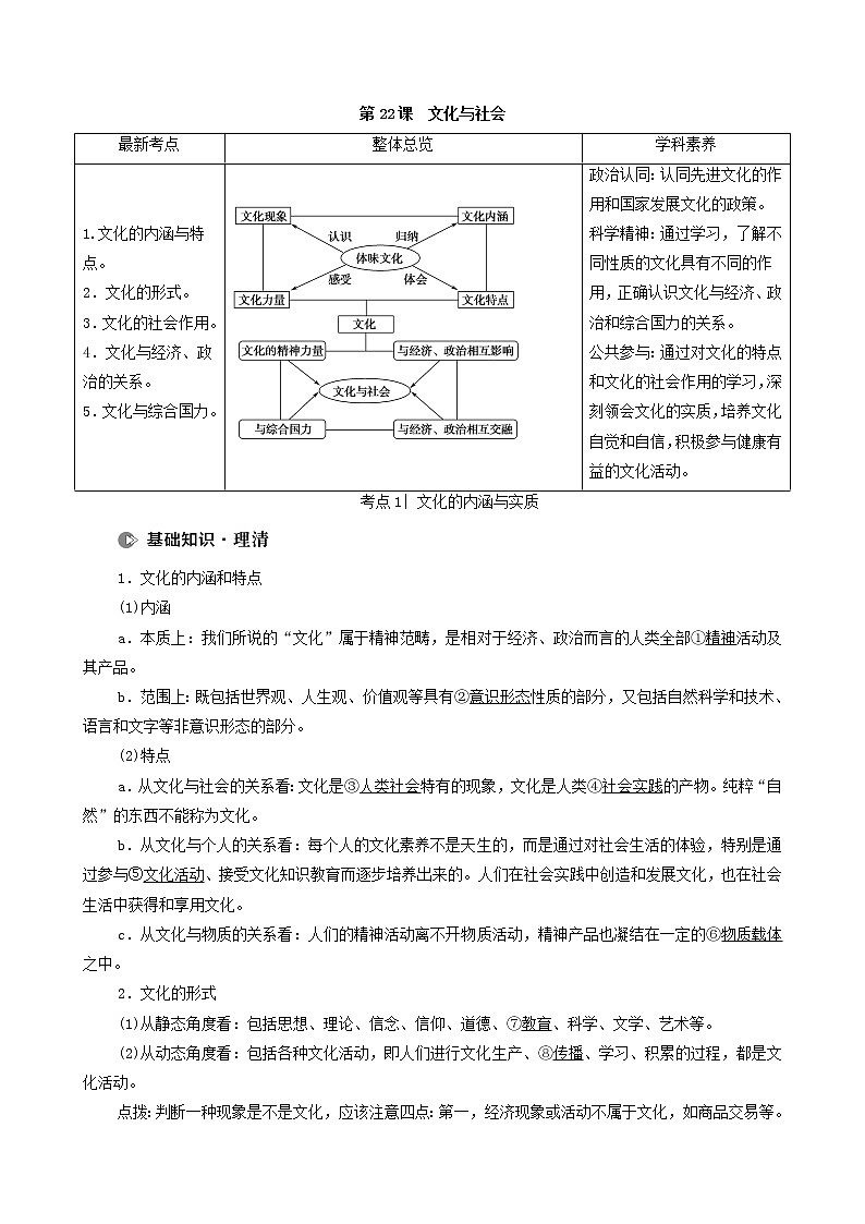2022届高考政治一轮复习新人教版必修3 第9单元文化与生活第22课文化与社会教案01