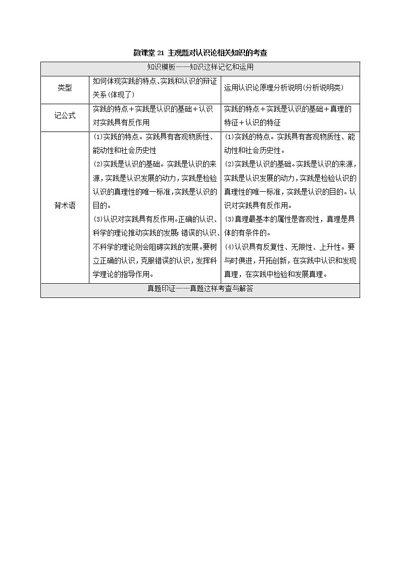 2022届高考政治一轮复习新人教版必修4 第13单元探索世界与追求真理微课堂21主观题对认识论相关知识的考查教案第1页