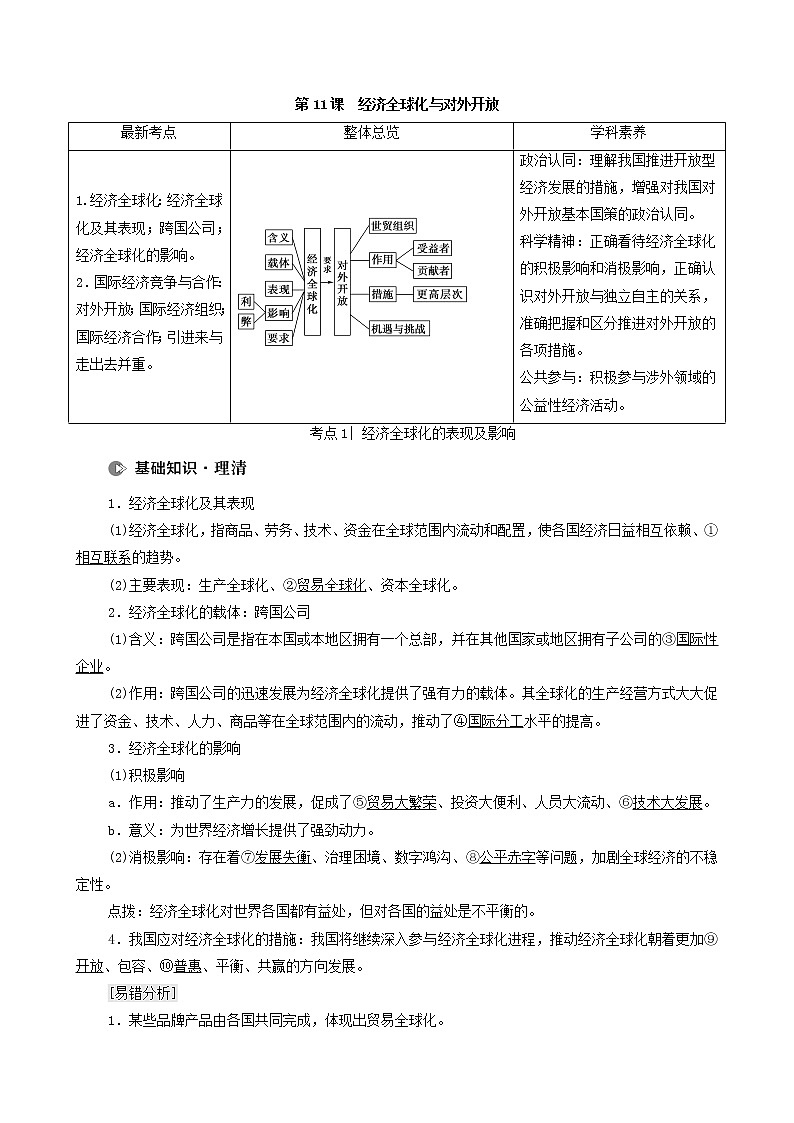 2022届高考政治一轮复习新人教版必修1 第4单元发展社会主义市场经济第11课经济全球化与对外开放教案第1页