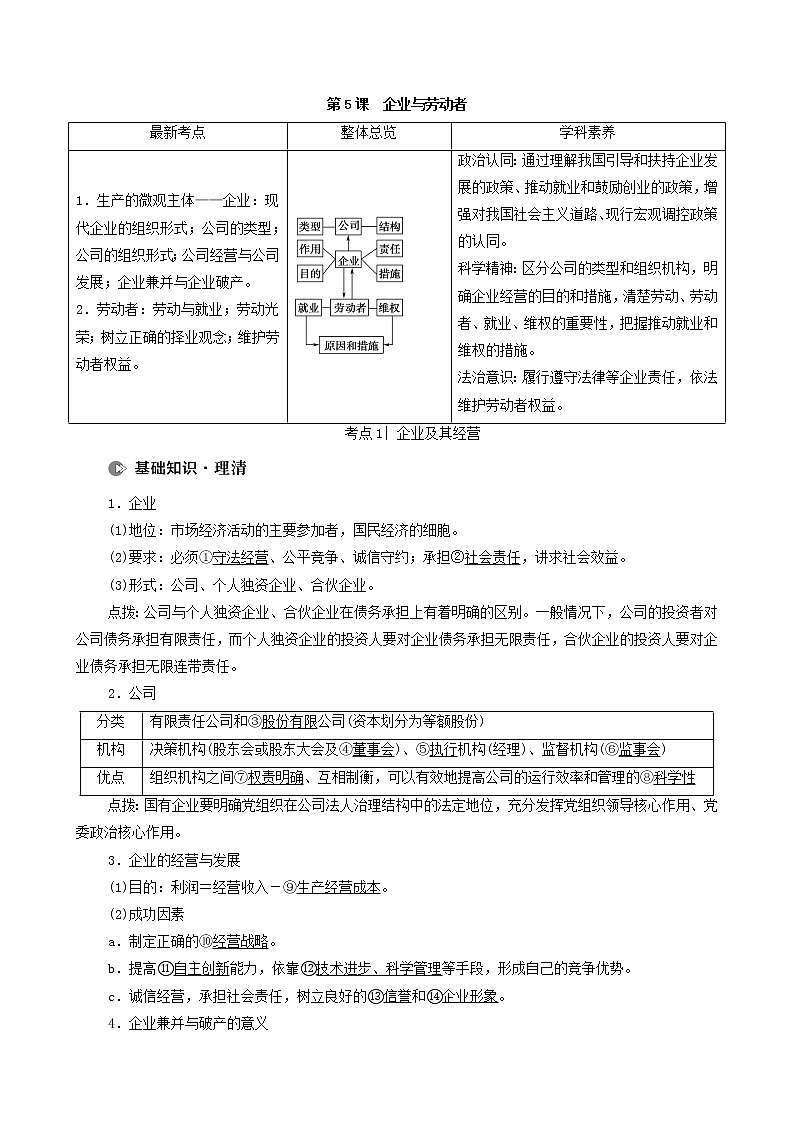2022届高考政治一轮复习新人教版必修1 第2单元生产劳动与经营第5课企业与劳动者教案第1页