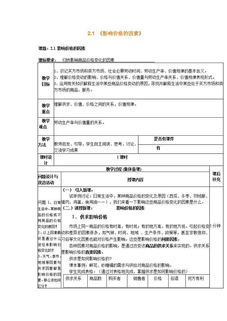 人教版（新课标）高中政治 必修一 1.2.1《影响价格的因素》教案第1页