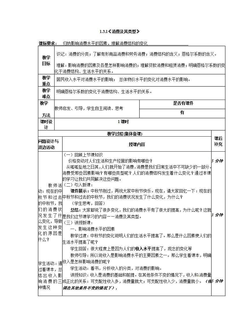 人教版（新课标）高中政治 必修一 1.3.1《消费及其类型》教案第1页