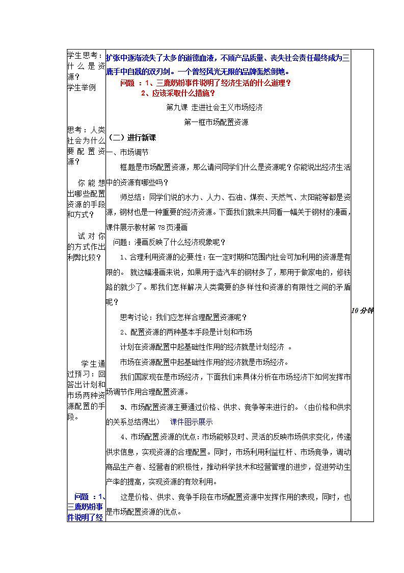 人教版（新课标）高中政治 必修一 4.9.1《市场配置资源》教案02