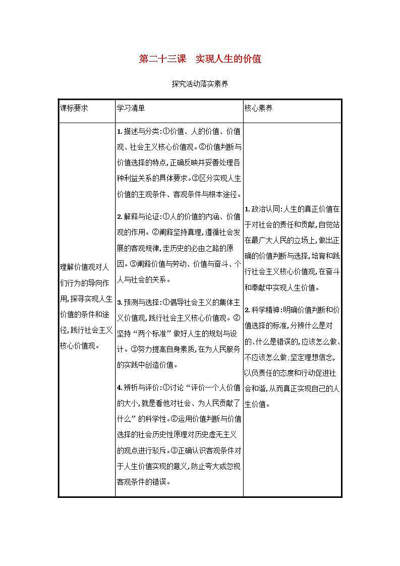 2022届新教材高考政治一轮复习第九单元认识社会与价值选择第二十三课实现人生的价值学案部编版第1页