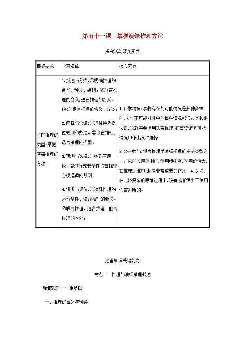 2022届新教材高考政治一轮复习第二十单元遵循逻辑思维规则第五十一课掌握演绎推理方法学案部编版第1页