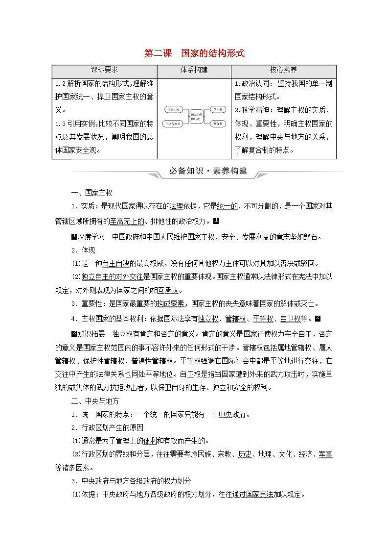 高考政治一轮复习第1单元各具特色的国家第2课国家的结构形式学案新人教版选择性必修1第1页