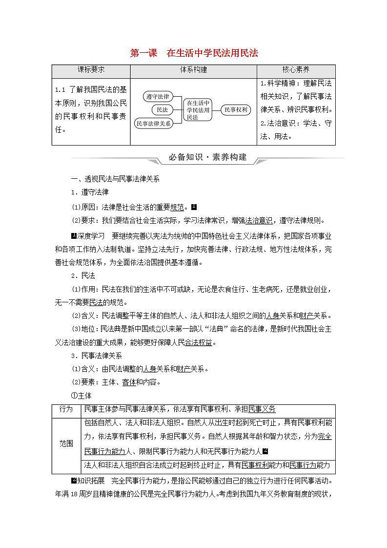 高考政治一轮复习第1单元民事权利与义务第1课在生活中学民法用民法学案新人教版选择性必修2第1页