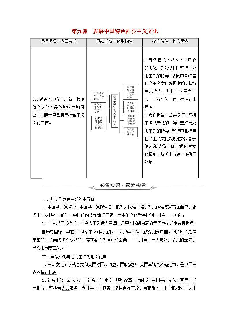 高考政治一轮复习第3单元文化传承与文化创新第9课发展中国特色社会主义文化学案新人教版必修4第1页