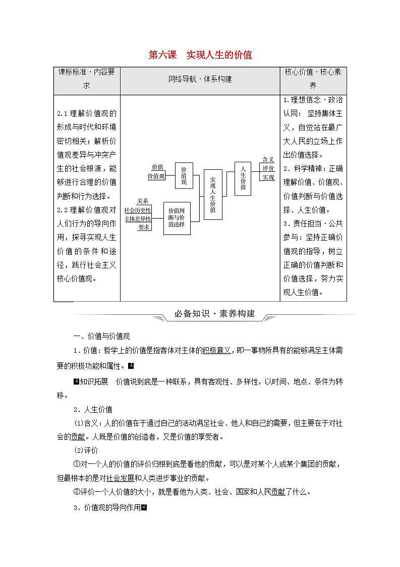 高考政治一轮复习第2单元认识社会与价值选择第6课实现人生的价值学案新人教版必修4第1页