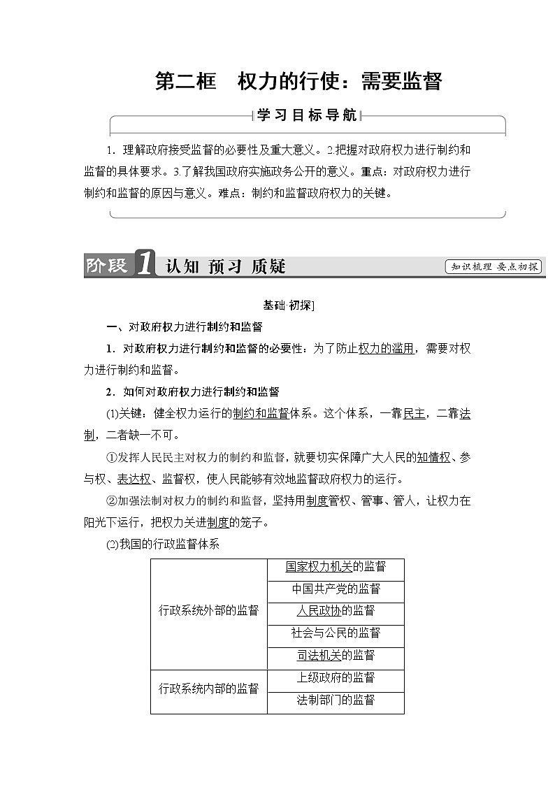 高中政治人教版必修2教案：第2单元第4课第2框　权力的行使：需要监督 教案01