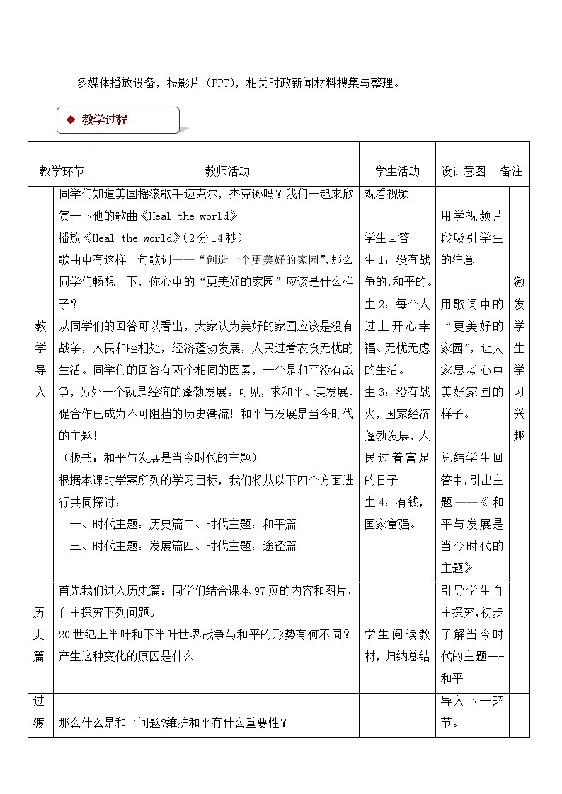 人教版高中政治高一必修二(教学设计)：《和平与发展：时代的主题》02