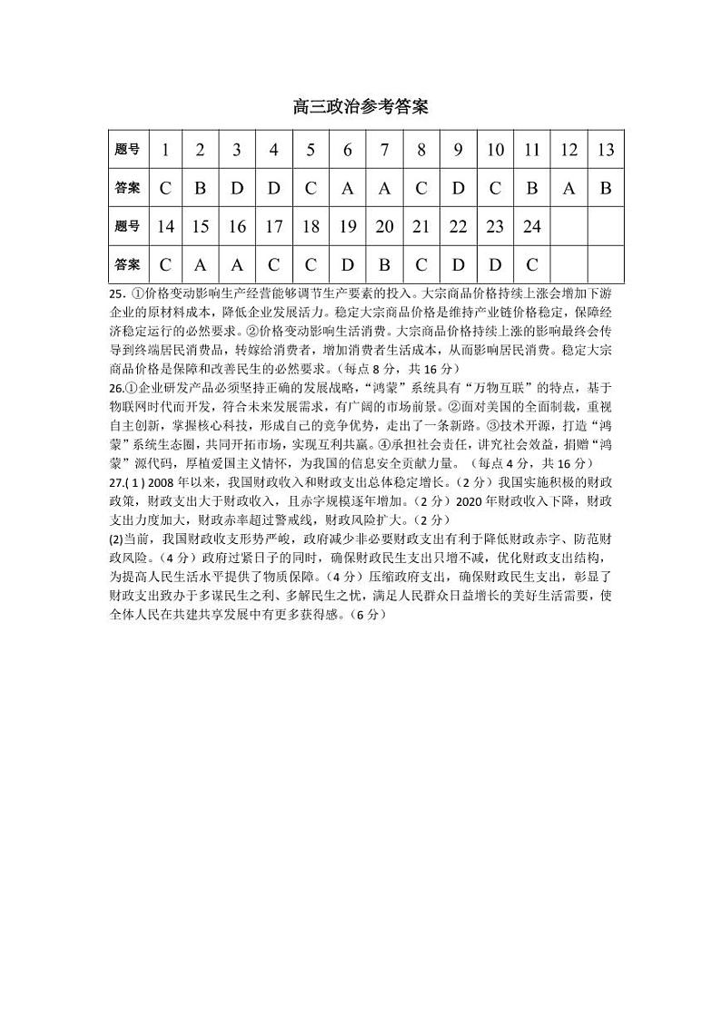 安徽省亳州市涡阳县第九中学2022届高三9月月考政治参考答案第1页