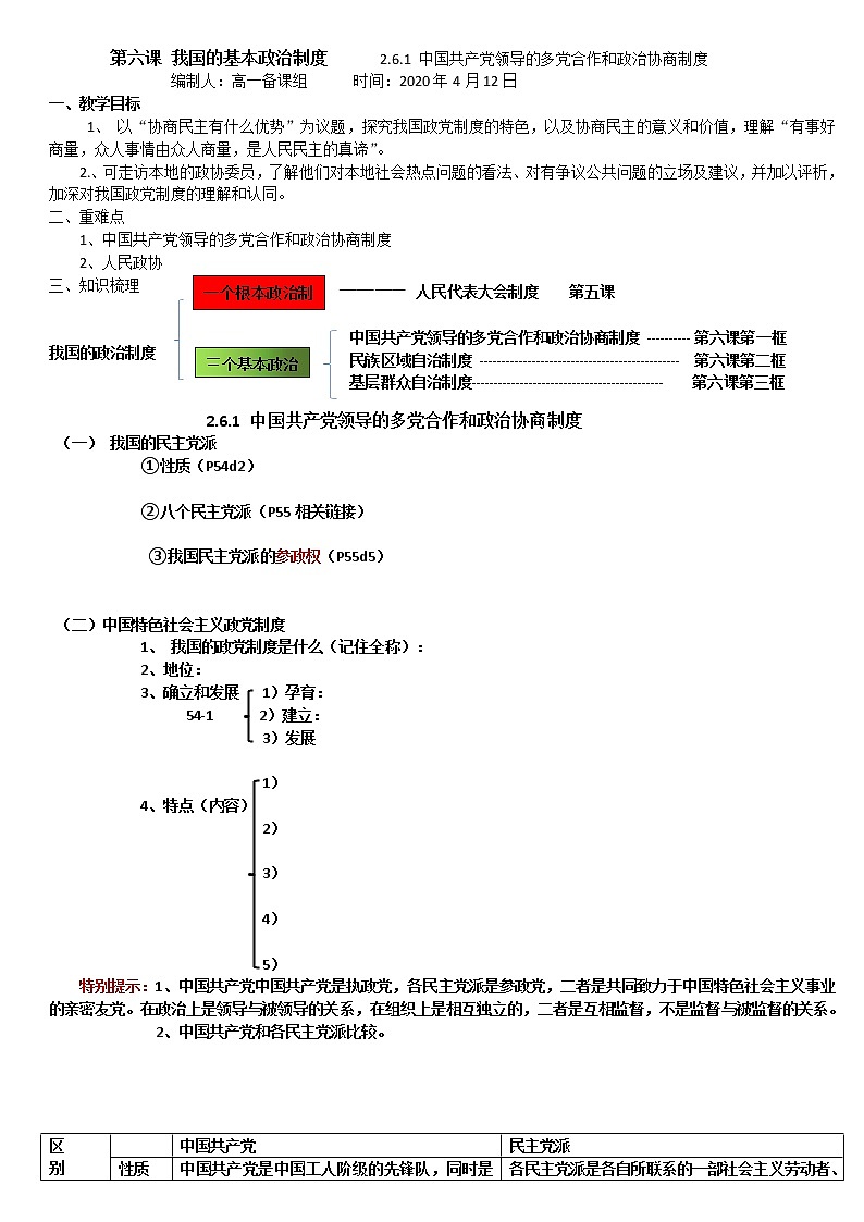 高中政治部编版（2019）必修三政治与法治导学案：6.1 中国共产党领导的多党合作和政治协商制度（无答案）01