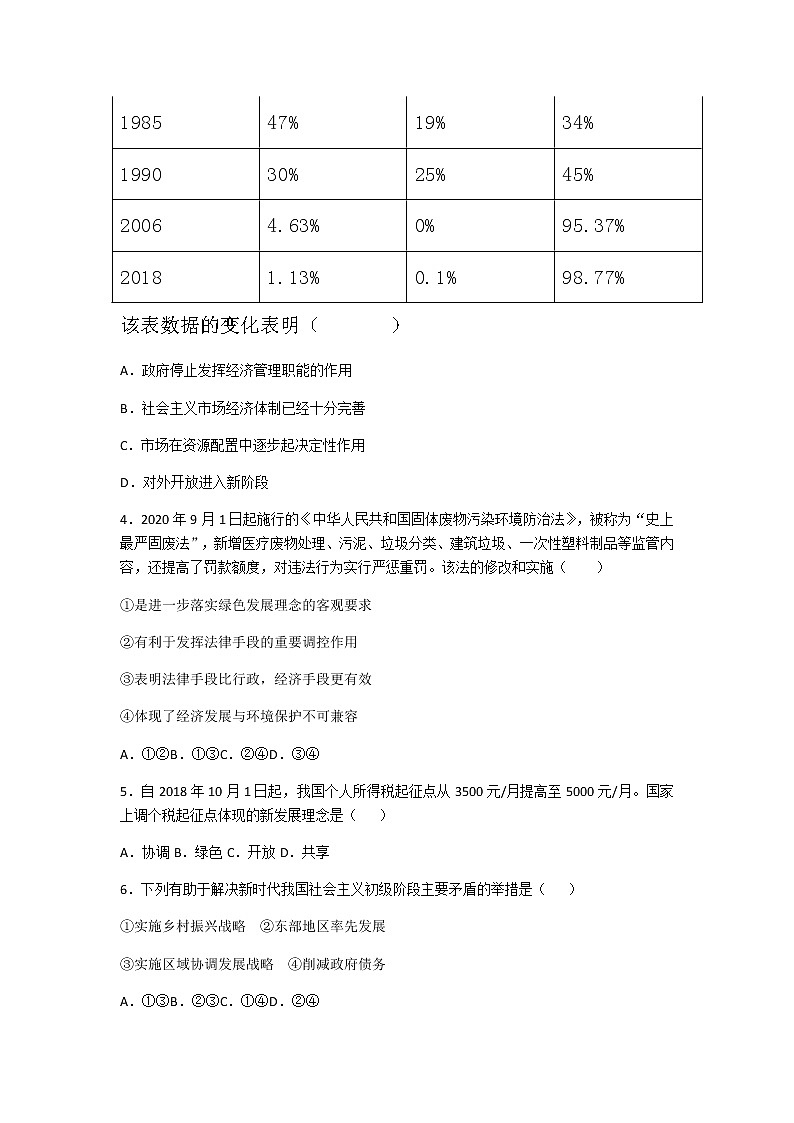 必修二第三课《我国的经济发展》选择题训练02