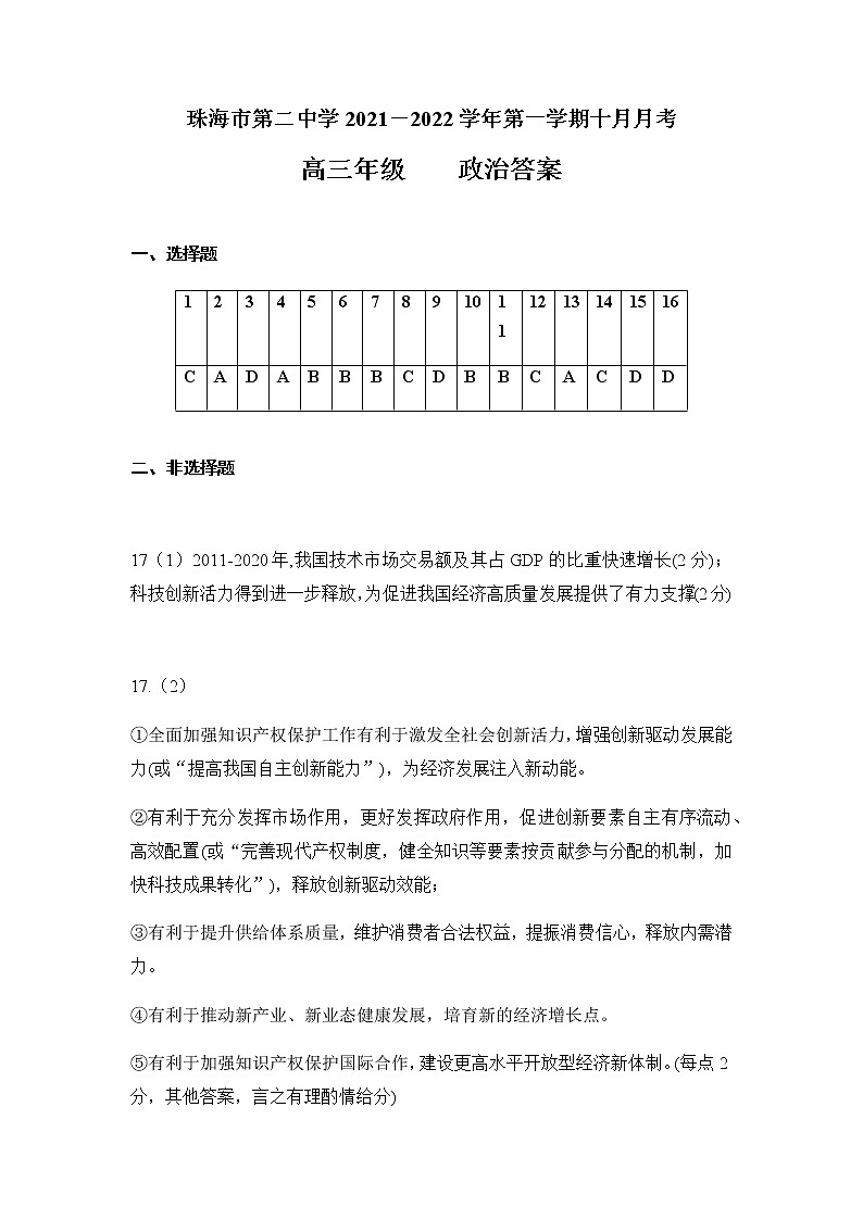 广东省珠海市第二中学2022届高三上学期10月月考政治试题 PDF版含答案01