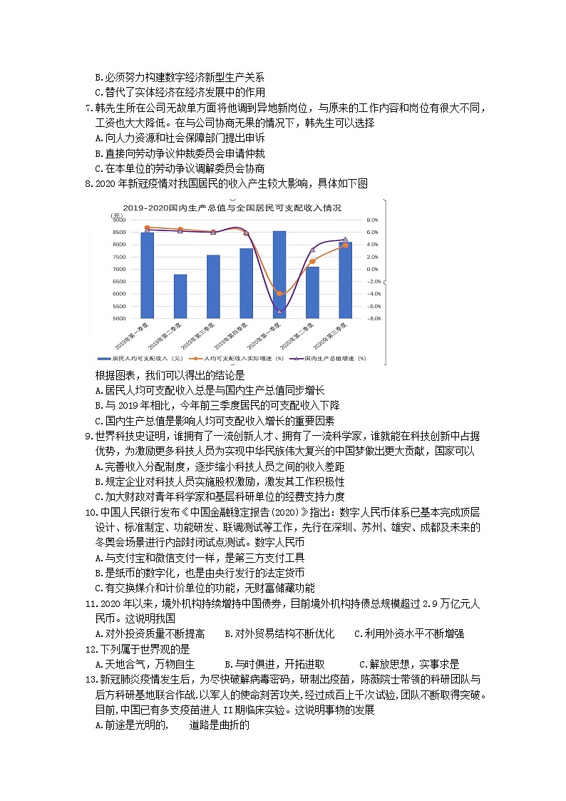 2021闵行区高三政治一模卷第2页