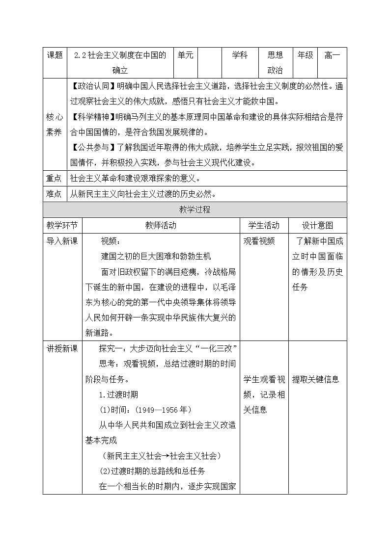 高中政治必修一 2.2《社会主义制度在中国的确立》参考教案01