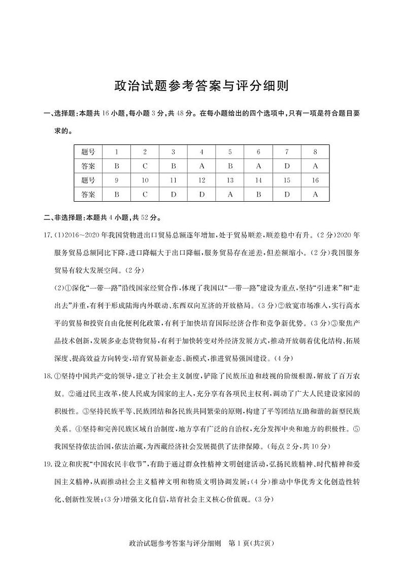 湖北省部分重点中学2022届高三上学期第一次联考政治答案（PDF版）第1页