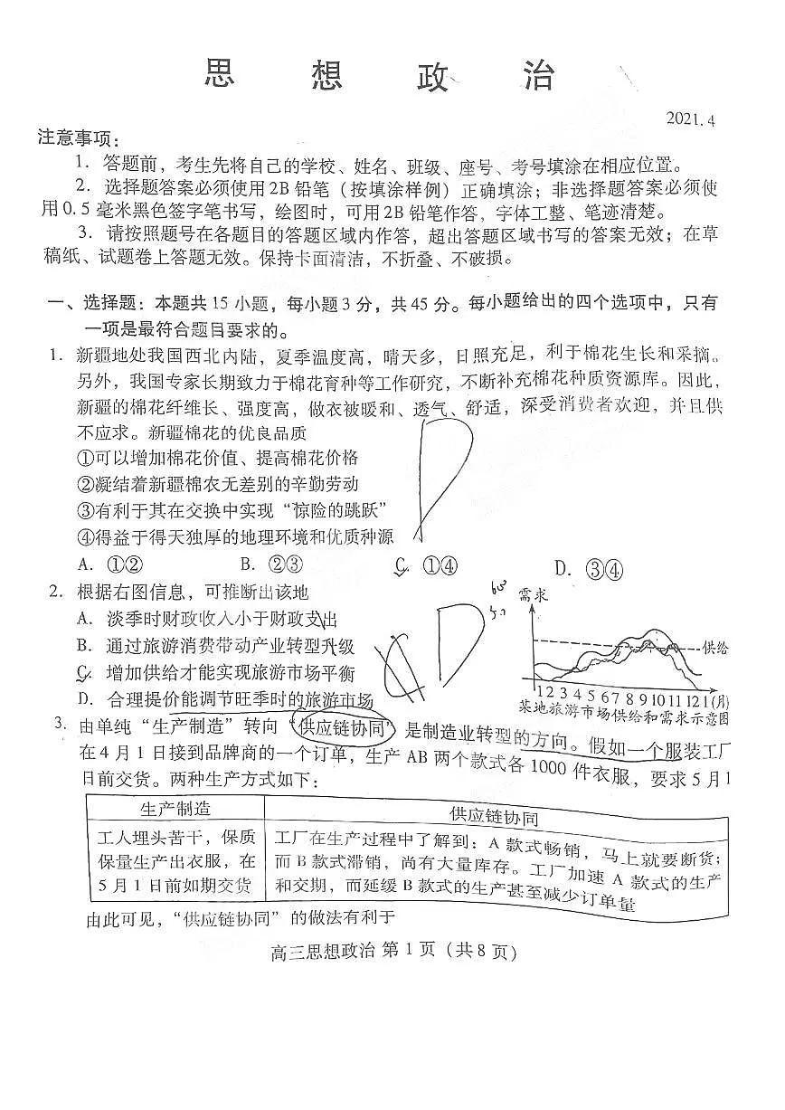 2021年潍坊市高三年级二模《政治》试卷及答案第1页
