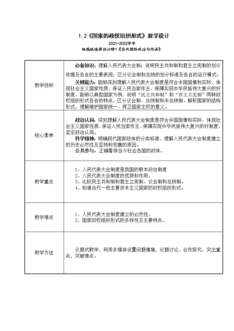 1.2《国家的政权组织形式》教学设计（2021-2022学年高中政治统编版选择性必修1当代国际政治与经济）01