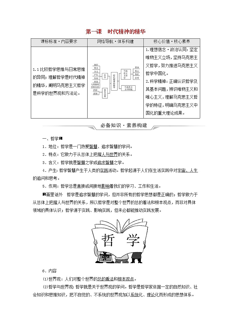 高考政治一轮复习第1单元探索世界与把握规律第1课时代精神的精华学案新人教版必修401