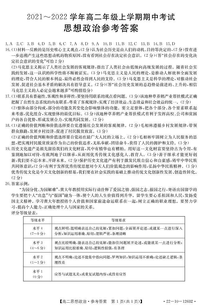 河北省部分名校2021-2022学年高二上学期期中考试政治试题扫描版含答案01