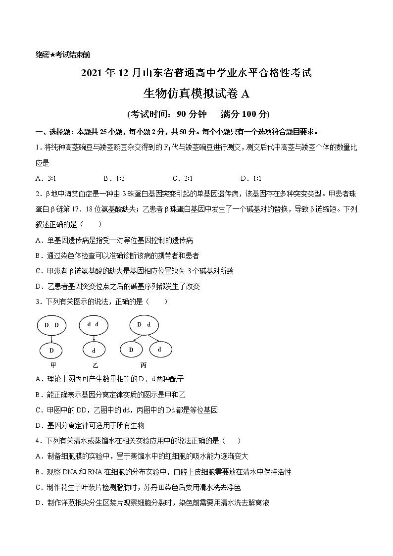 2021年12月山东省普通高中学业水平合格性考试生物仿真模拟试卷A（考试版）01