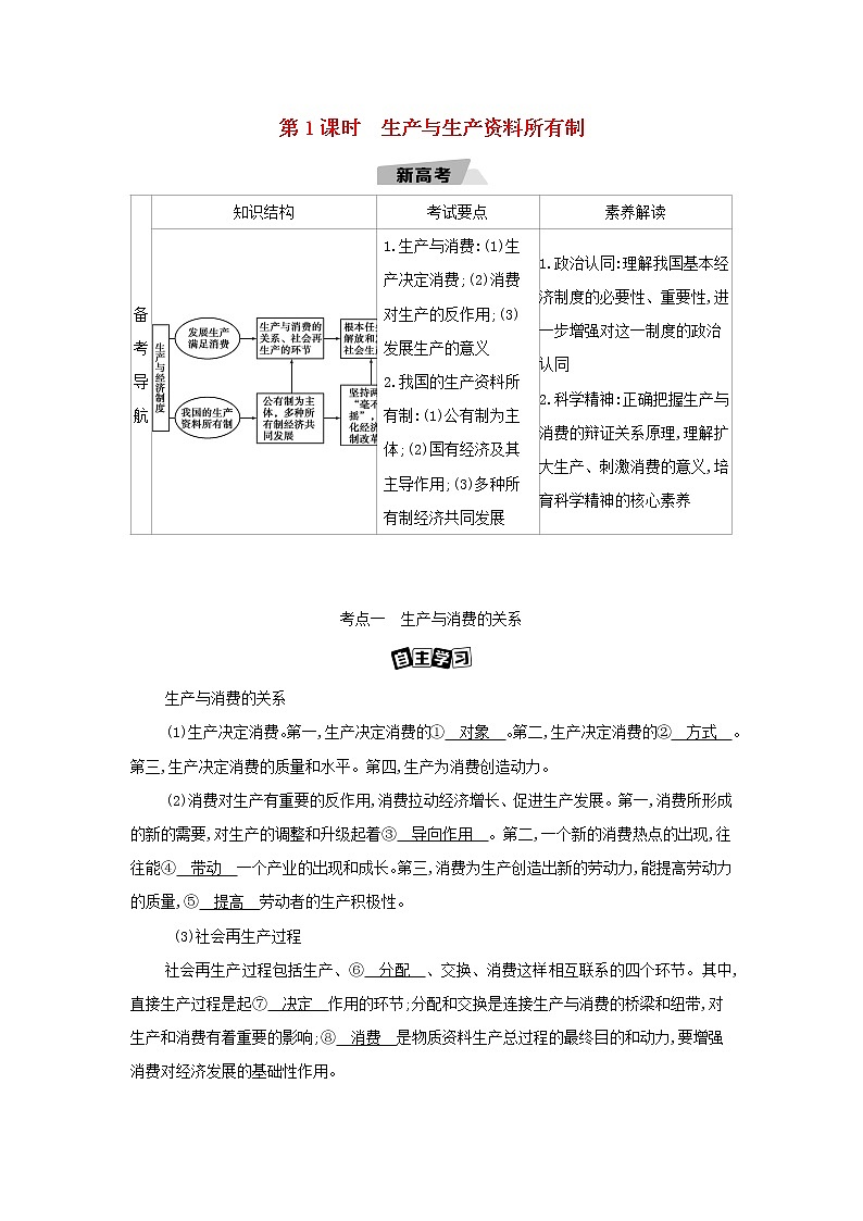 江苏专用2022版高考政治总复习第二单元生产劳动与经营第1课时生产与生产资料所有制教案01