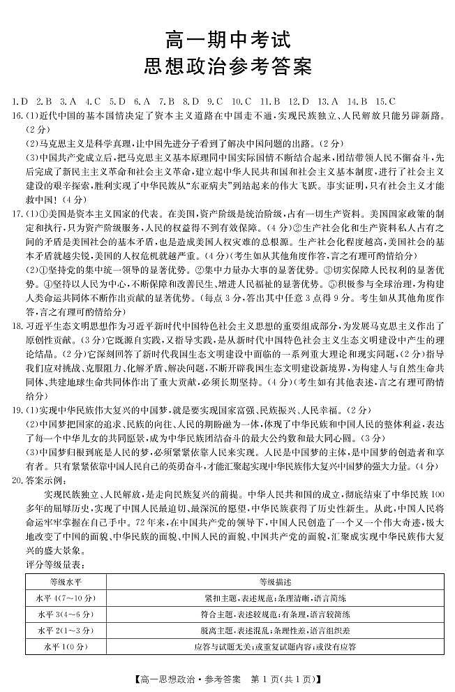山东省济南市章丘区2021-2022学年高一上学期期中考试政治试题（山东大联考）扫描版含答案01