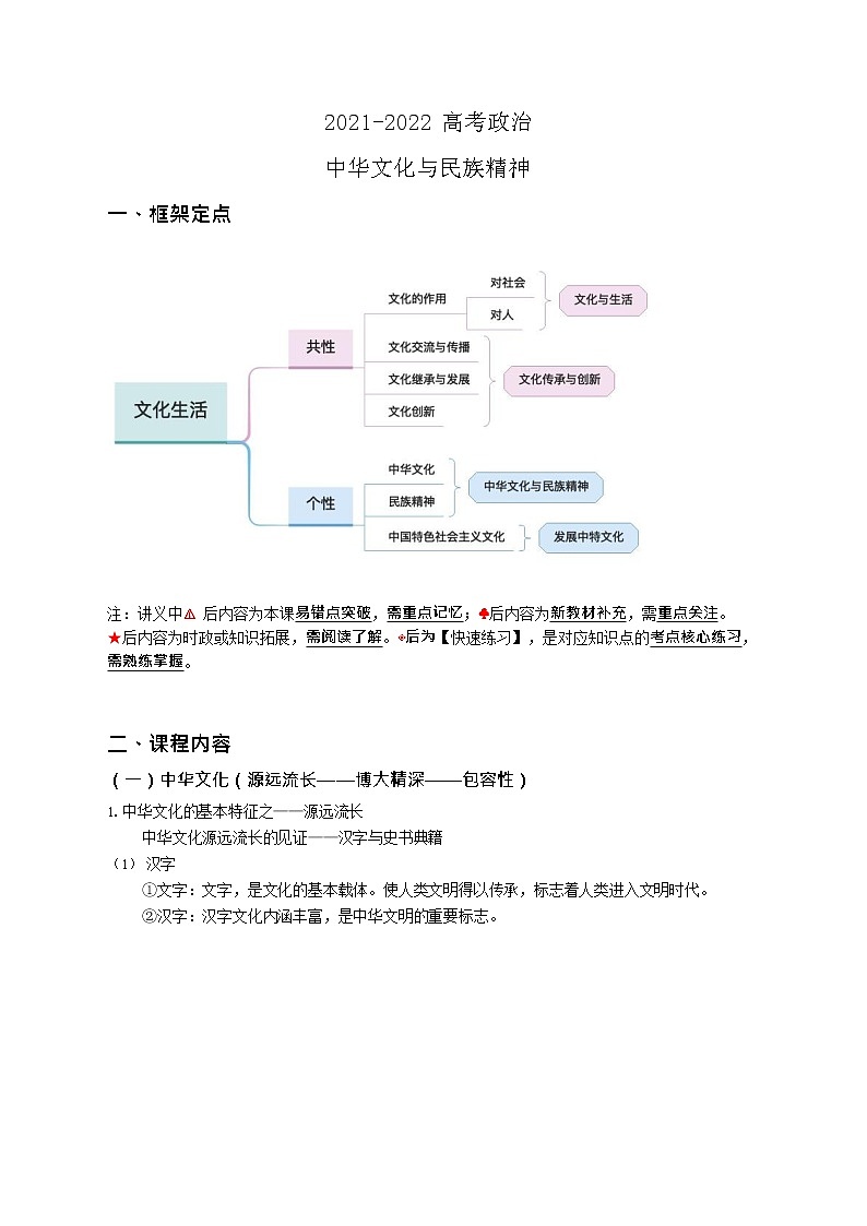 2021-2022高考政治复习中华文化与民族精神教案01