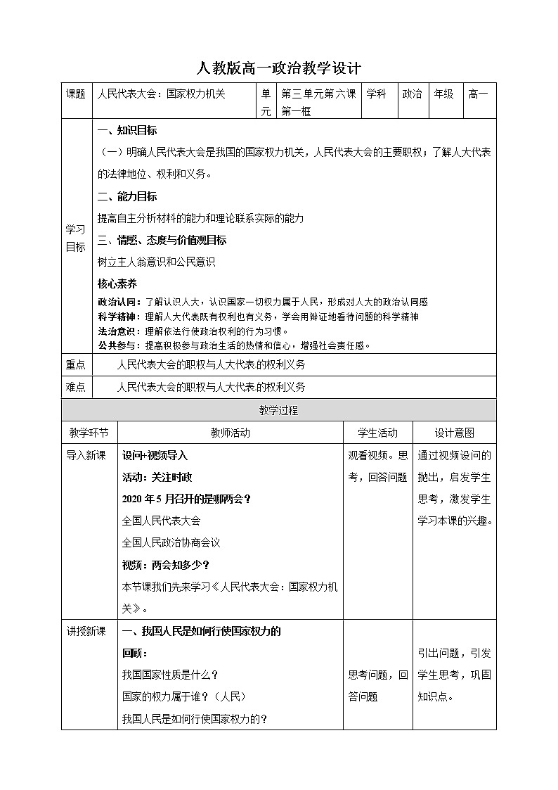 高中政治人教版必修二政治生活人民代表大会：国家权力机关教案第1页
