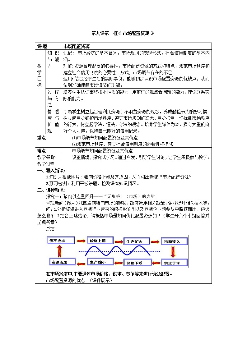高中政治人教版必修一经济生活 市场配置资源教案01