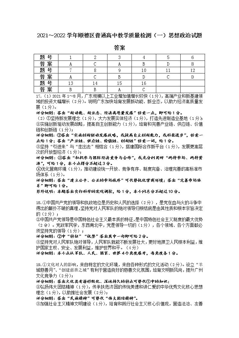 高三政治考试参考答案第1页