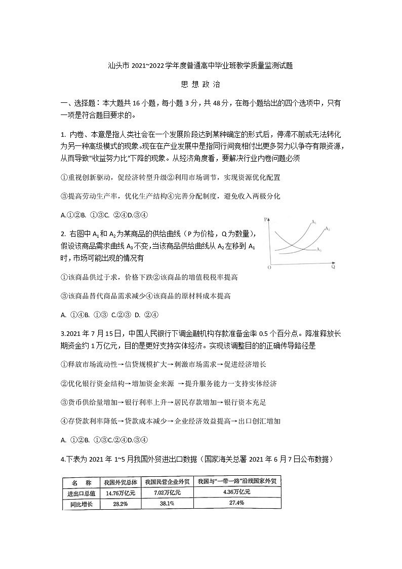 广东省汕头市2022届高三上学期期末教学质量监测政治试题含答案第1页