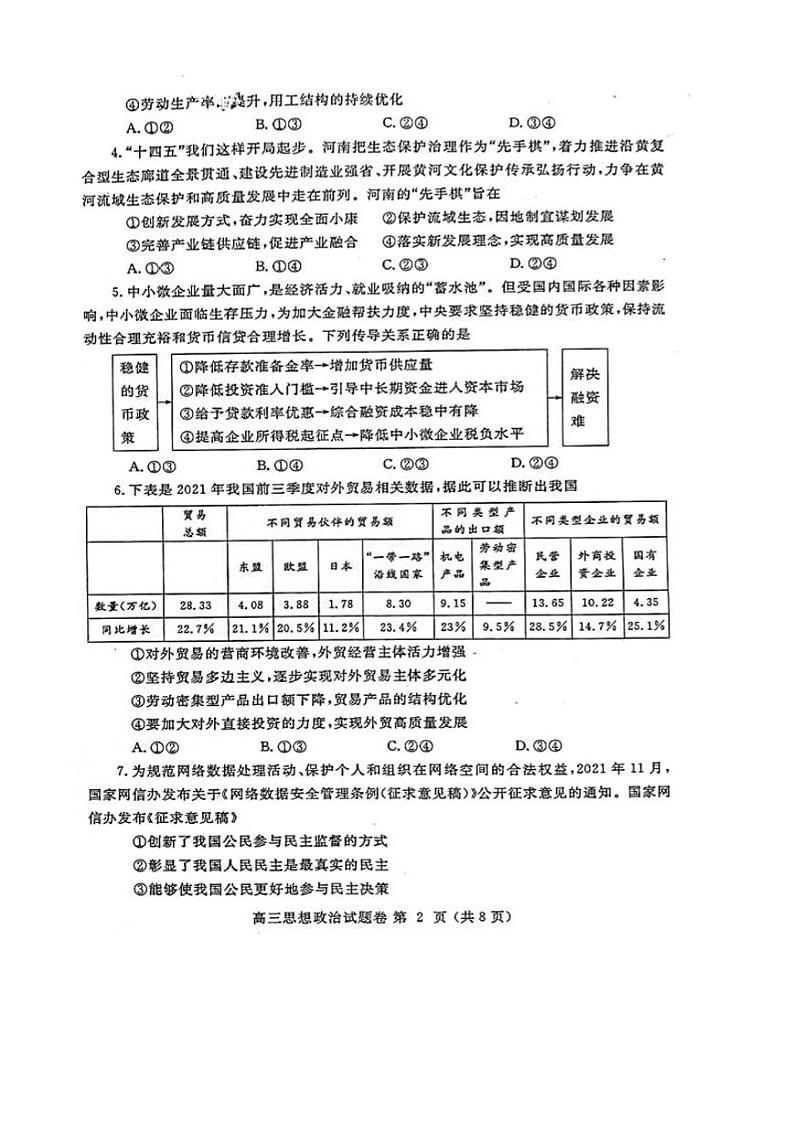 河南省郑州市2022届高三上学期第一次质量预测（一模）（1月）政治PDF版含答案02