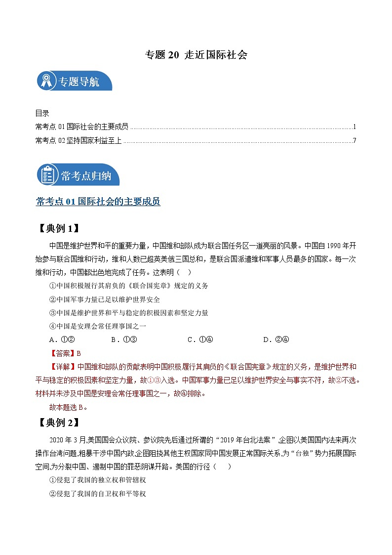 专题20 走近国际社会  常考点归纳与变式演练 作业 高考政治 一轮复习 人教版 （2021年）第1页