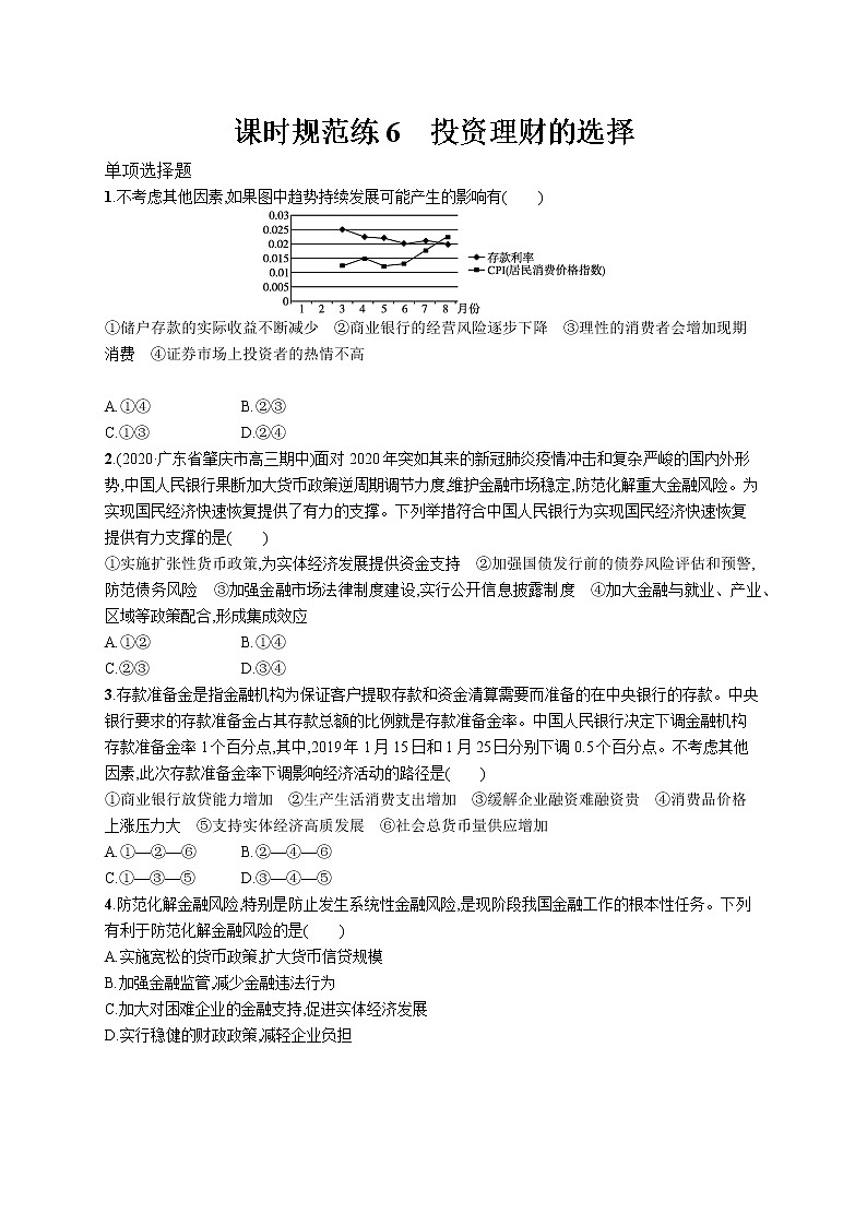2022届高考政治一轮总复习 第二单元 生产、劳动与经营 课时规范练6 投资理财的选择 作业第1页