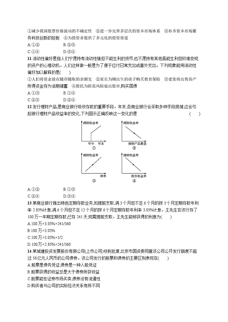 2022届高考政治一轮总复习 第二单元 生产、劳动与经营 课时规范练6 投资理财的选择 作业第3页