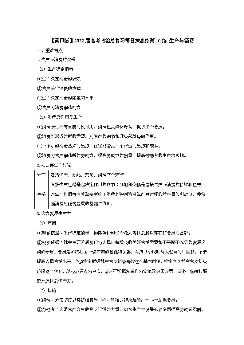 【通用版】2022届高考政治一轮总复习每日拔高练 第10练 生产与消费第1页
