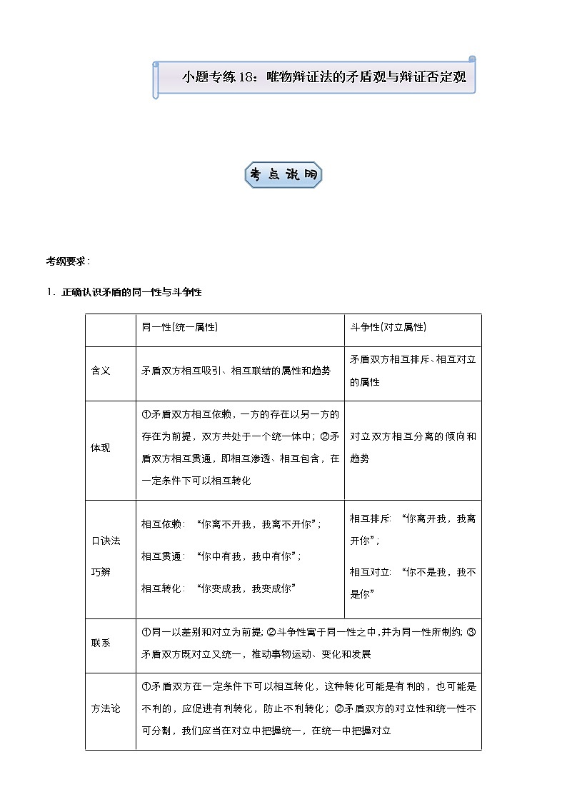 2021届高中政治 一轮总复习 小题专练18 唯物辩证法的矛盾观与辩证否定观 教师用卷 作业第1页