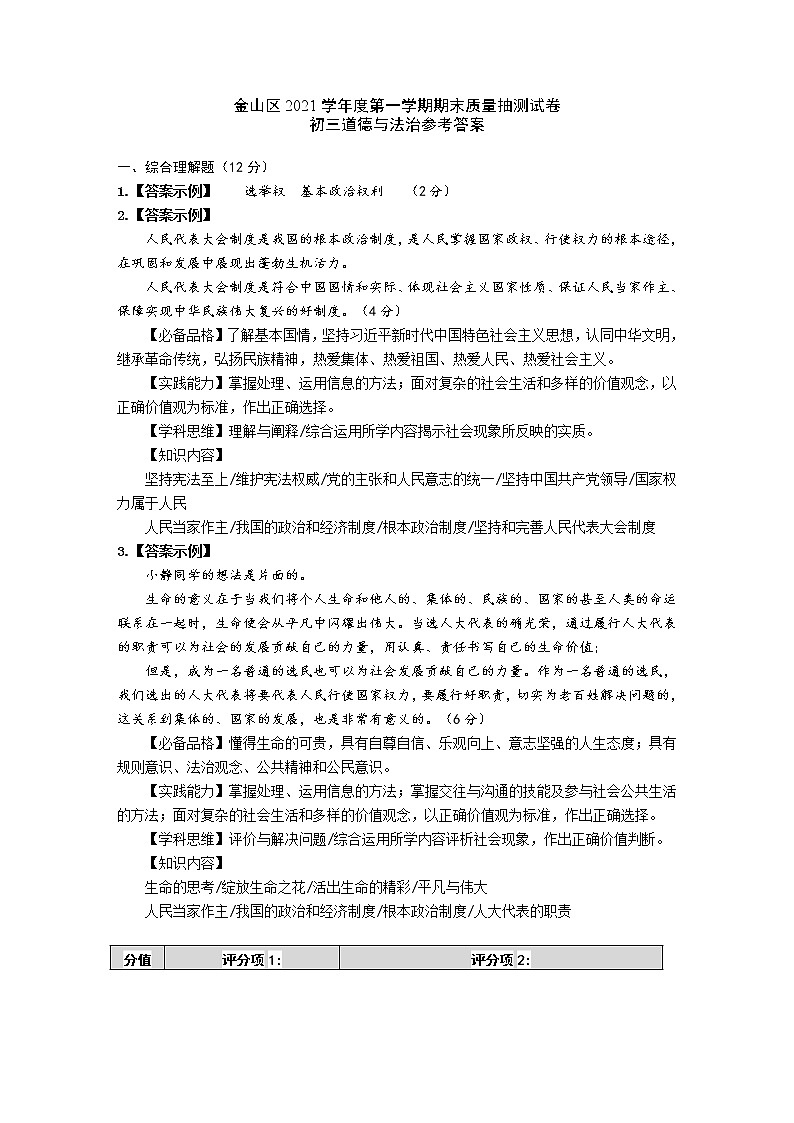 上海市金山区2021-2022学年九年级上学期期末质量调研（一模）道德与法治试题（Word版含答案）03