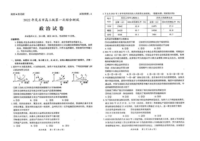 2022届广东省茂名市高三第一次综合测试（一模）政治试题无答案第1页