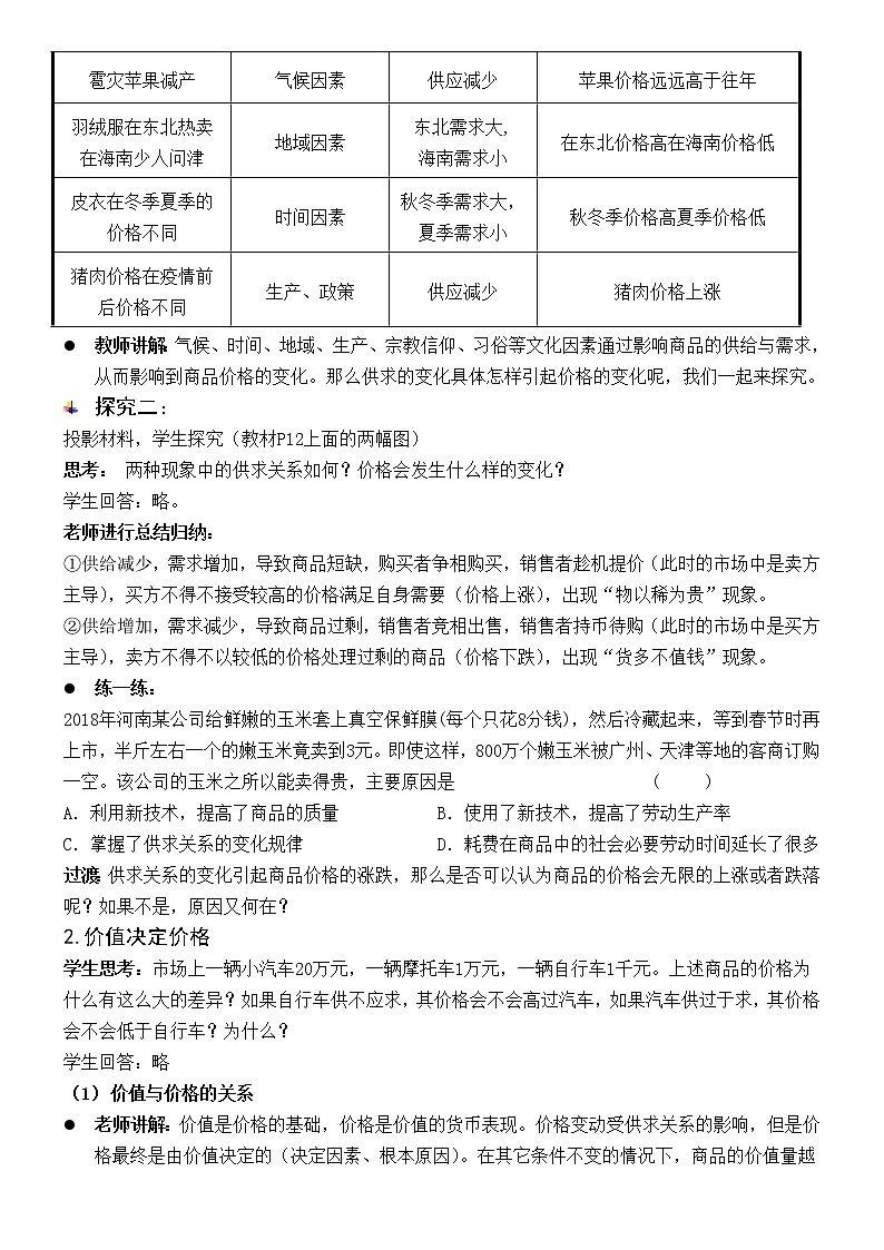 人教版高中必修一2.1影响价格的因素教学设计第2页