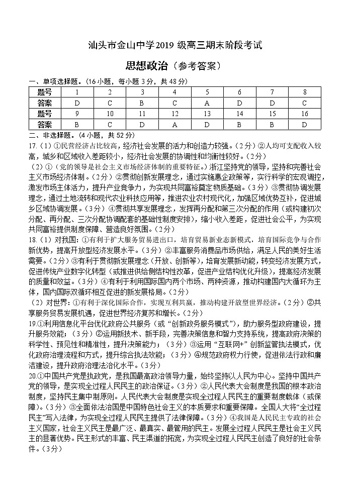 汕头市金山中学2019级高三期末阶段考试思想政治（参考答案）第1页