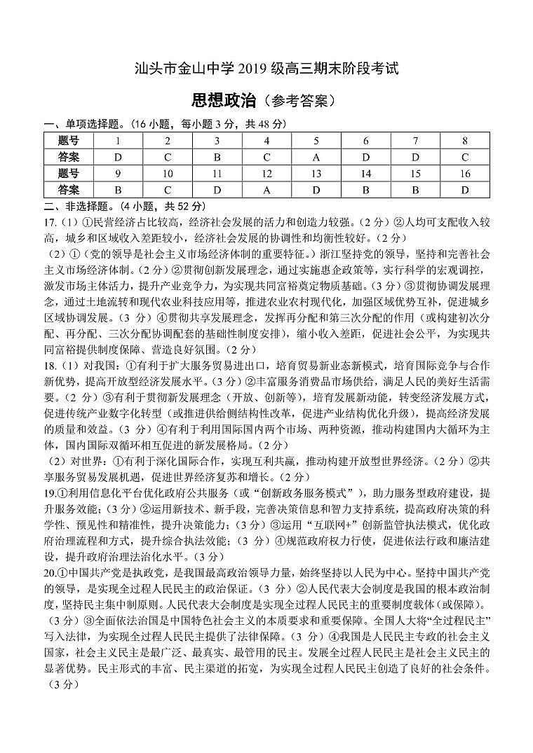 汕头市金山中学2019级高三期末阶段考试思想政治（参考答案）第1页