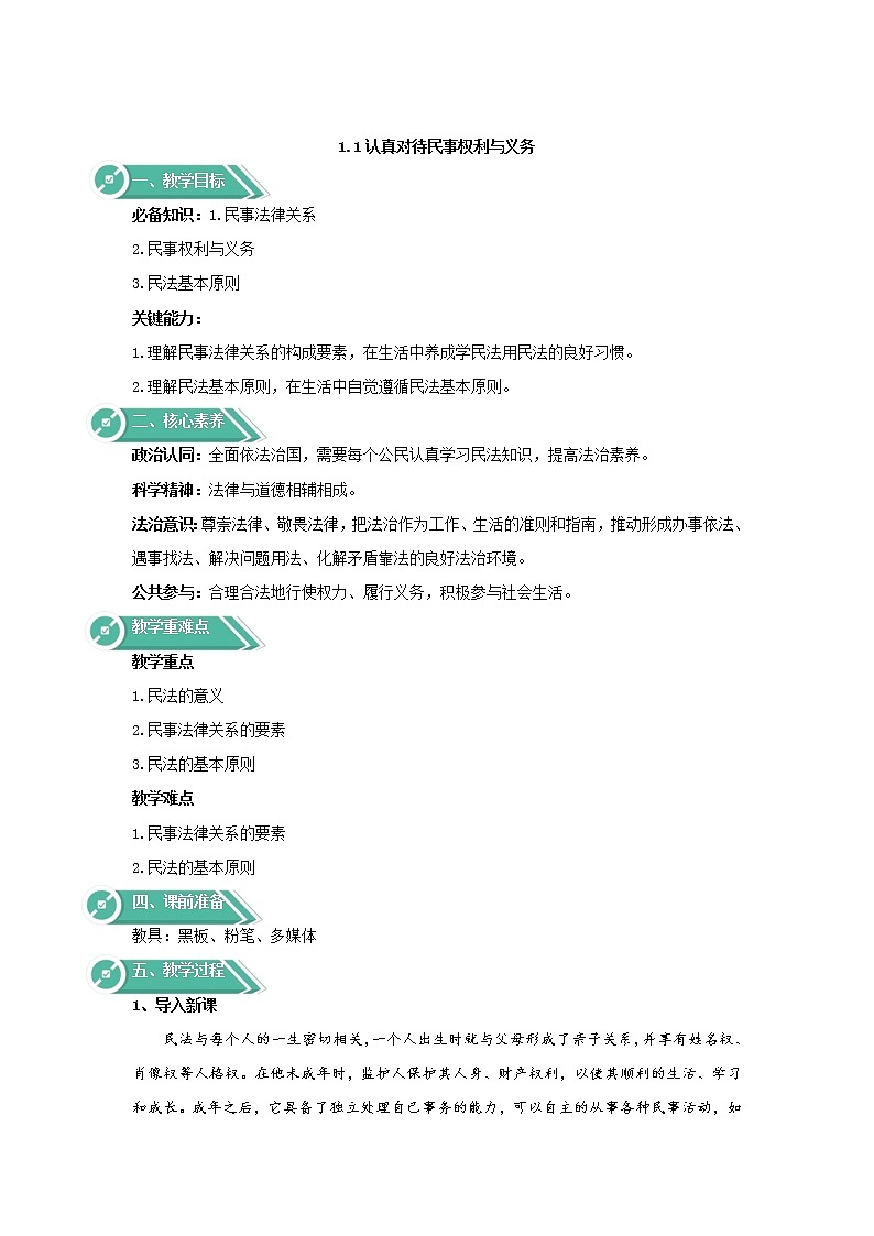 1.1认真对待民事权利与义务（教学教案）——2021-2022学年高中政治人教统编版选择性必修2第1页