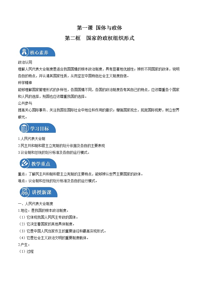 1.2 国家的政权组织形式 教案 高中政治人教部编版选择性必修1 （2022年）第1页