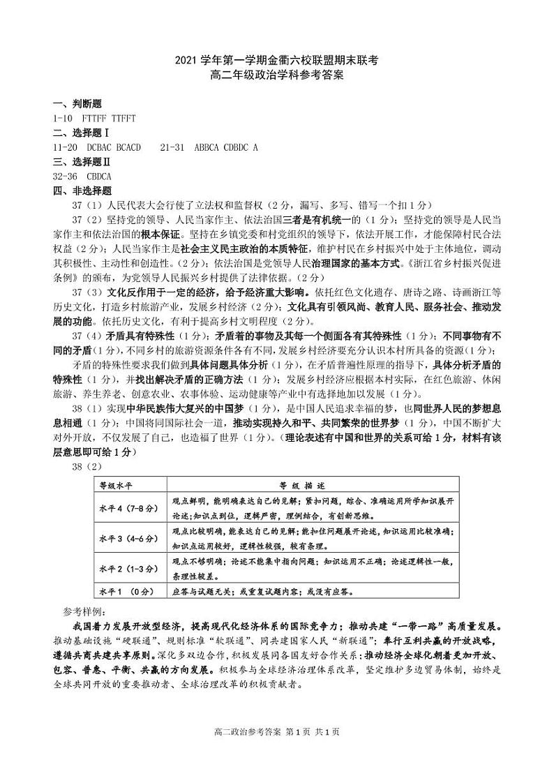 浙江省金衢六校联盟2021-2022学年高二上学期期末联考试题政治含答案01