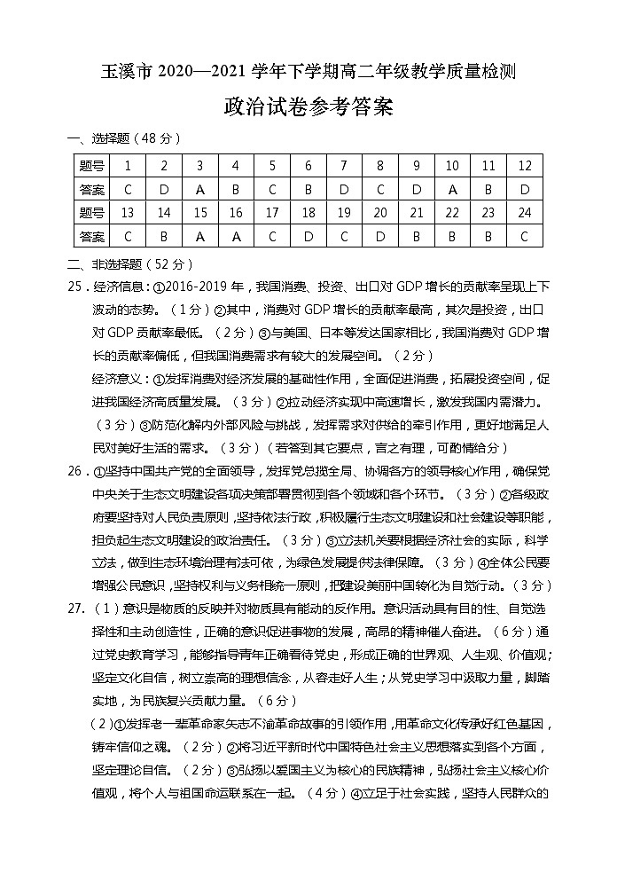2020-2021学年云南省玉溪市高二下学期期末教学质量检测政治试题 PDF版01